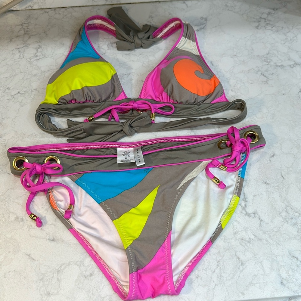 Trina Turk New Pop Wave Banded Halter Top & Tie Bottom Swimsuit Bikini Set